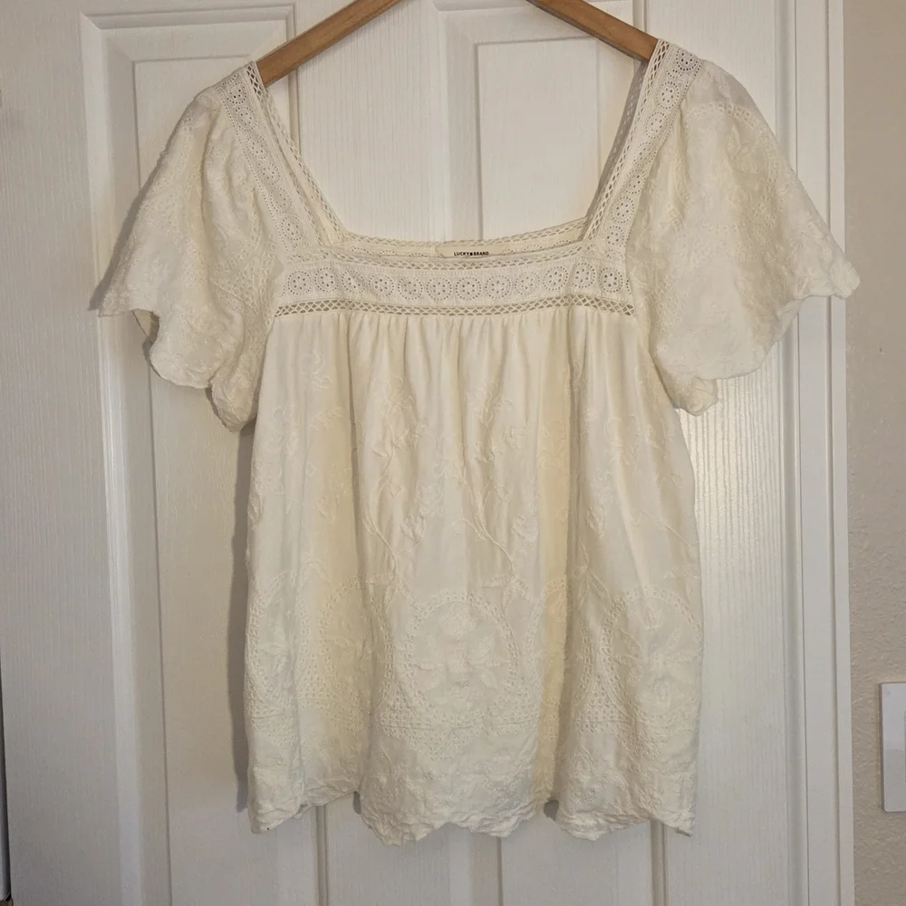 Lucky Brand Cream Eyelet Embroidered Square-Neck Blouse - Picture 1 of 2
